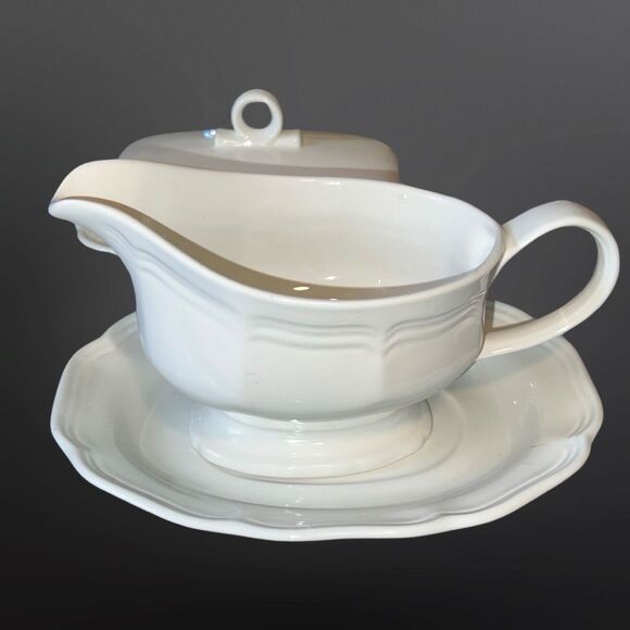 4 PC White Mikasa French Countryside Gravy Boat With Plate & Covered Butter Dish - Picture 9 of 9